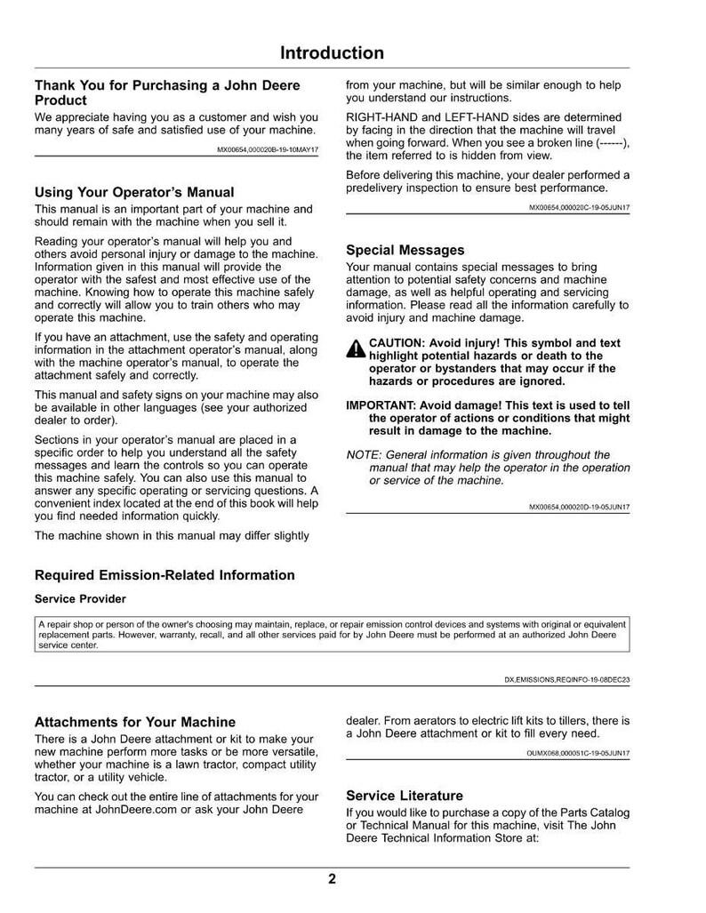 May include: A page from a John Deere operator's manual, featuring sections on safety, attachments, and service information. The manual includes warnings and instructions for machine operation.