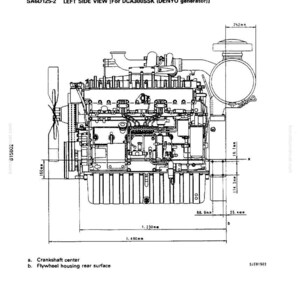 May include: Technical drawing of a diesel engine, labeled SA6D125-2, with dimensions in millimeters. The diagram includes a side view of the engine, with labels for the crankshaft center and flywheel housing rear surface. The drawing is for a DCA300SSK DENYO generator.