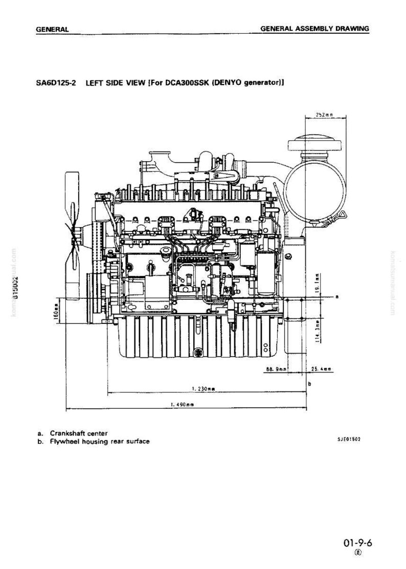 May include: Technical drawing of a diesel engine, labeled SA6D125-2, with dimensions in millimeters. The diagram includes a side view of the engine, with labels for the crankshaft center and flywheel housing rear surface. The drawing is for a DCA300SSK DENYO generator.
