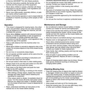 Op de afbeelding: Een witte pagina met zwarte tekst met veiligheidsinstructies voor een grasmaaier. De tekst behandelt training, bediening, onderhoud en veiligheid van het maaigebied. De pagina bevat het handelsmerk "Service ADVISOR".