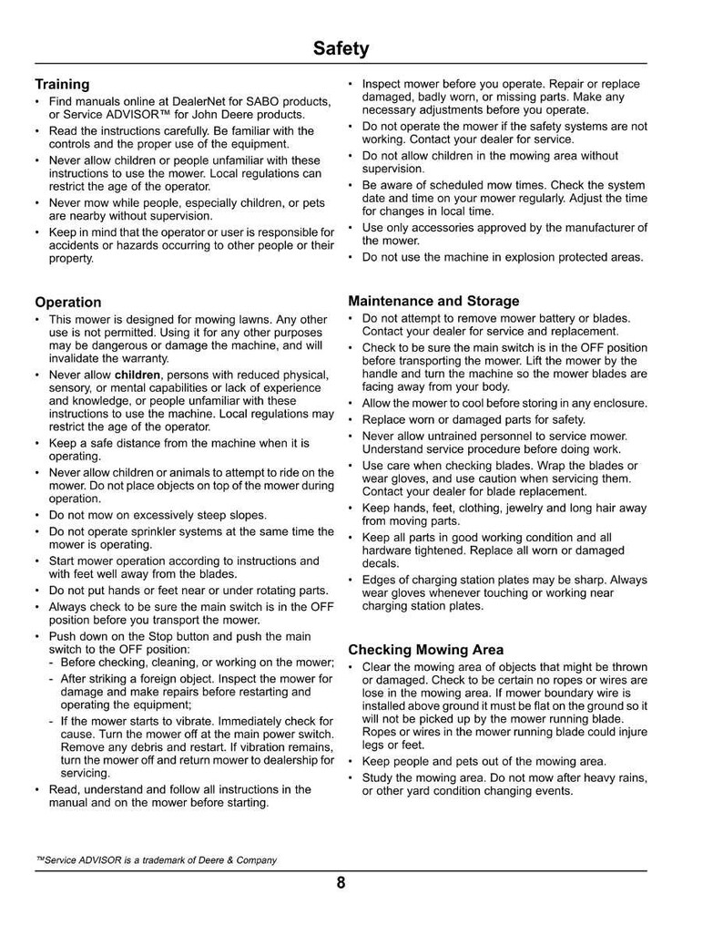 Op de afbeelding: Een witte pagina met zwarte tekst met veiligheidsinstructies voor een grasmaaier. De tekst behandelt training, bediening, onderhoud en veiligheid van het maaigebied. De pagina bevat het handelsmerk "Service ADVISOR".