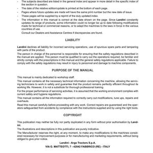 May include: A printed manual for Serie 7 V-Shift tractors, produced by Landini. The document includes an introduction, liability information, and the purpose of the manual. The manual is dedicated to workshop staff and contains technical information.