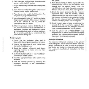 May include: A page from a manual detailing procedures for draining oil and recovering refrigerant from an A/C system. Includes numbered steps, diagrams, and safety instructions. The text includes measurements in kPa and psi.