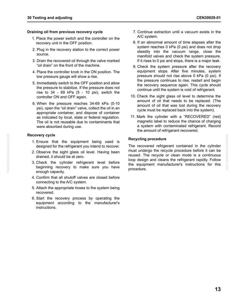 May include: A page from a manual detailing procedures for draining oil and recovering refrigerant from an A/C system. Includes numbered steps, diagrams, and safety instructions. The text includes measurements in kPa and psi.