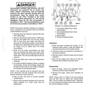 May include: Diagram of a brake manifold with labels and instructions for removal and installation. Includes a warning about high pressure and a detailed parts diagram with numbered components. Text includes safety precautions and technical steps.