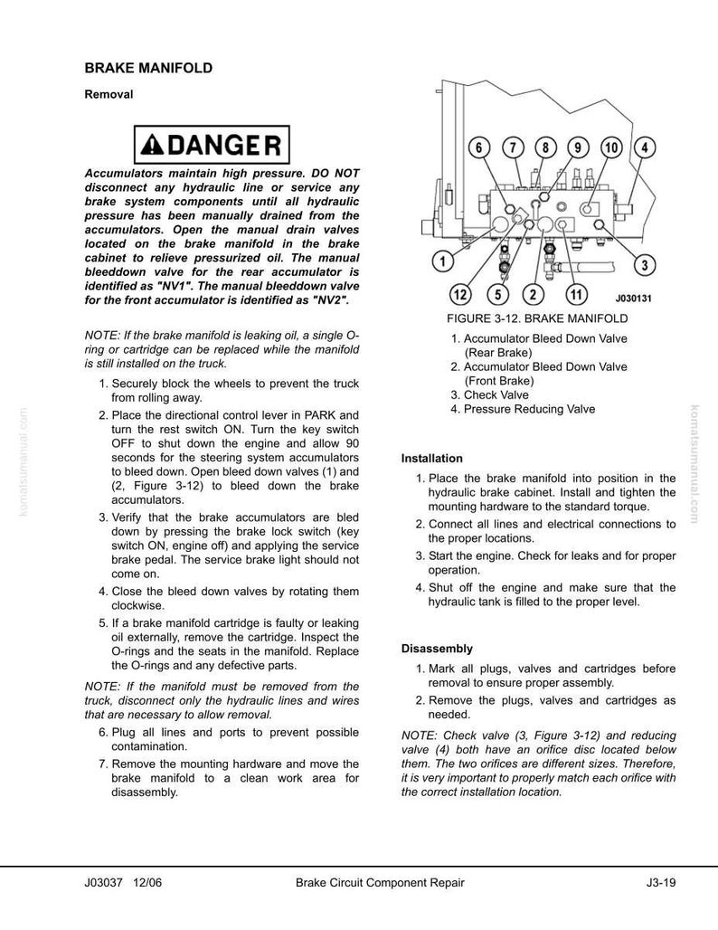 May include: Diagram of a brake manifold with labels and instructions for removal and installation. Includes a warning about high pressure and a detailed parts diagram with numbered components. Text includes safety precautions and technical steps.