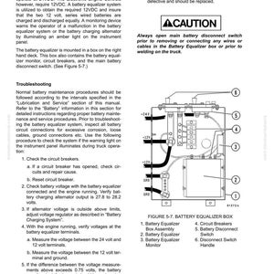 May include: Diagram of a battery equalizer box with labels for components like circuit breakers and a disconnect switch. Text provides troubleshooting steps and safety warnings for the system. The image includes a schematic and text.