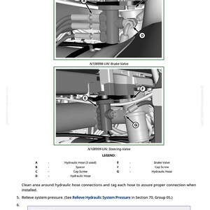 May include: Diagram of brake and steering valves with hydraulic hoses, cap screws, and other components. The image includes labels A through G, and text indicating the importance of avoiding fluid loss or damage to the hydraulic system.