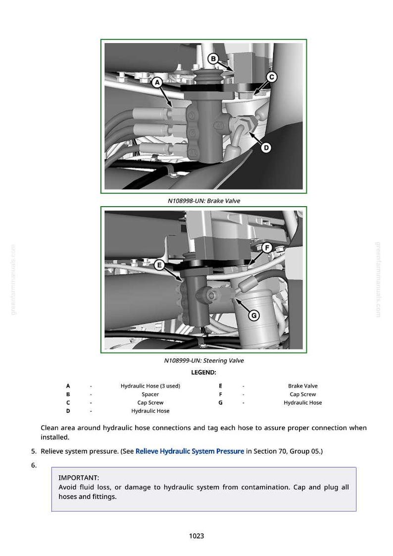 May include: Diagram of brake and steering valves with hydraulic hoses, cap screws, and other components. The image includes labels A through G, and text indicating the importance of avoiding fluid loss or damage to the hydraulic system.