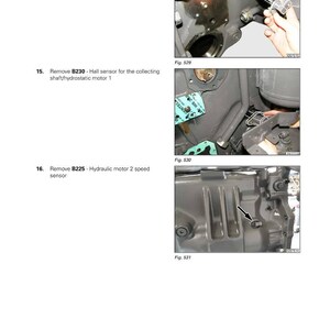 May include: Diagram of tractor powertrain components, including sensors and a hydrostatic motor. The image includes close-up shots of parts with arrows pointing to specific components. Text labels identify the parts and their functions.