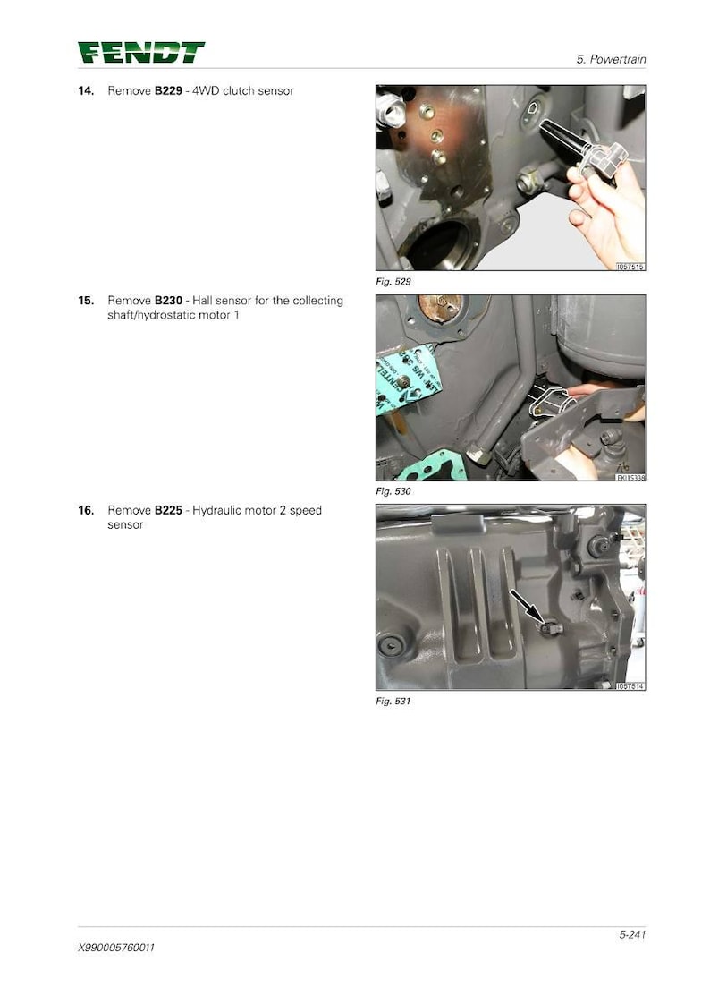 May include: Diagram of tractor powertrain components, including sensors and a hydrostatic motor. The image includes close-up shots of parts with arrows pointing to specific components. Text labels identify the parts and their functions.