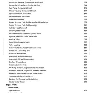 Pu&ograve; includere: Una pagina bianca con un sommario dettagliato per la riparazione del motore, comprese procedure come "Rimozione e installazione del motore" e "Rimozione della testata". I numeri di pagina sono elencati a destra.