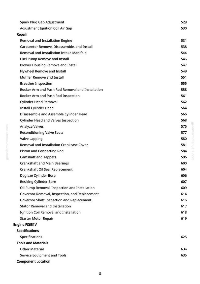 Pu&ograve; includere: Una pagina bianca con un sommario dettagliato per la riparazione del motore, comprese procedure come "Rimozione e installazione del motore" e "Rimozione della testata". I numeri di pagina sono elencati a destra.