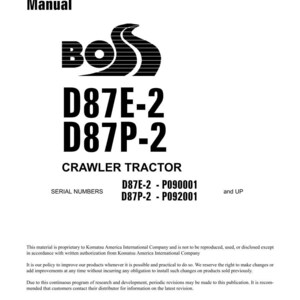 K&ouml;nnte beinhalten: Werkstatthandbuch f&uuml;r einen Raupentraktor. Das Cover zeigt das "BOSS"-Logo &uuml;ber den Modellnummern D87E-2 und D87P-2. Der Text enth&auml;lt Seriennummern und Copyright-Informationen von 2000.