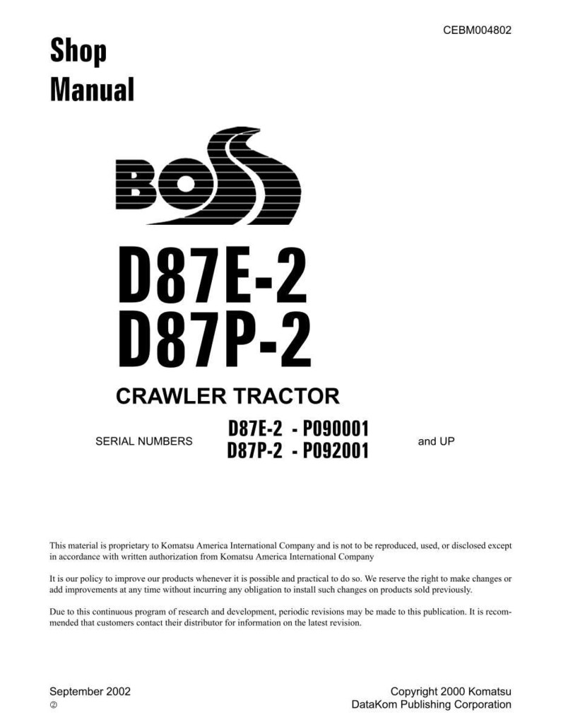 K&ouml;nnte beinhalten: Werkstatthandbuch f&uuml;r einen Raupentraktor. Das Cover zeigt das "BOSS"-Logo &uuml;ber den Modellnummern D87E-2 und D87P-2. Der Text enth&auml;lt Seriennummern und Copyright-Informationen von 2000.