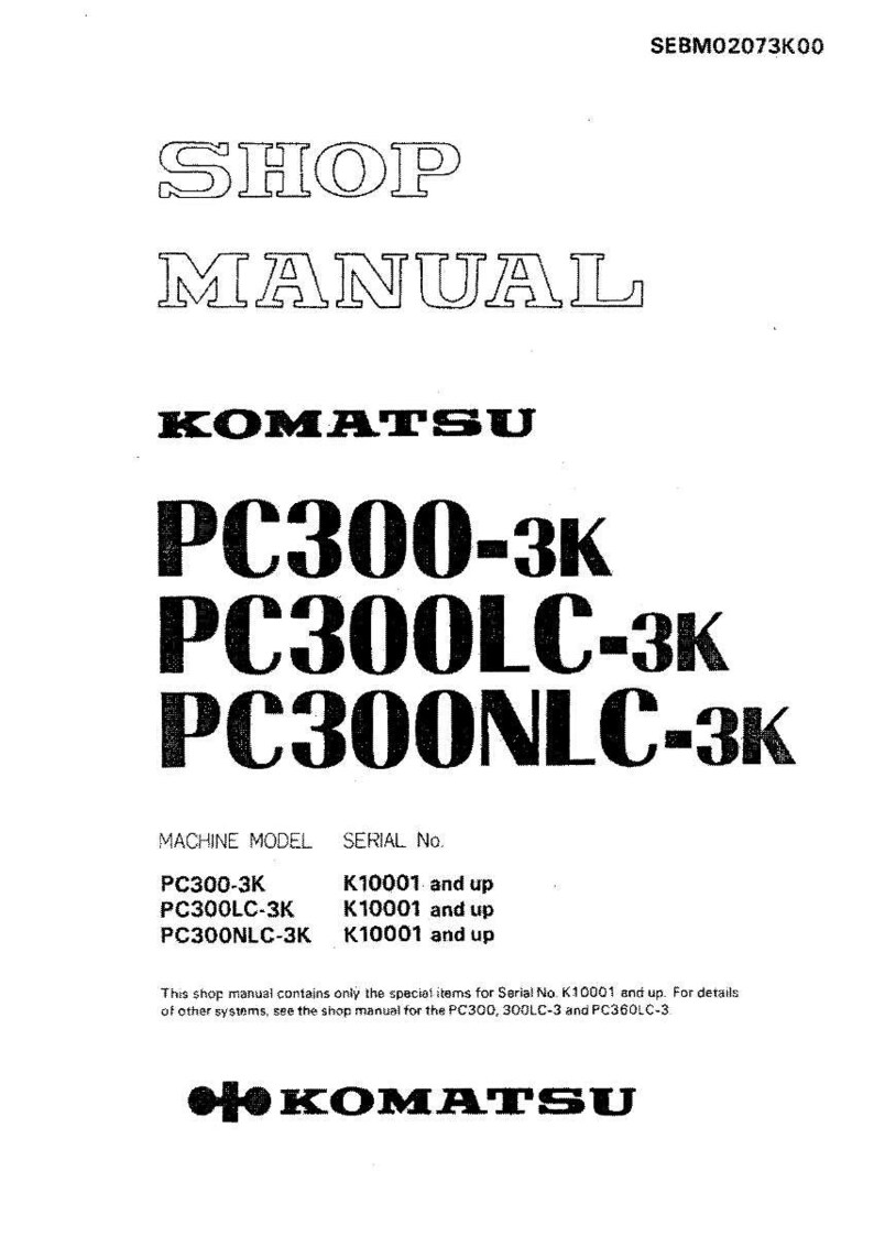 Pode incluir: Um manual de oficina branco com o texto "SHOP MANUAL" em negrito e contornado. O logotipo da Komatsu est&aacute; presente, juntamente com os n&uacute;meros de modelo PC300-3K, PC300LC-3K e PC300NLC-3K. Os n&uacute;meros de s&eacute;rie tamb&eacute;m est&atilde;o listados.