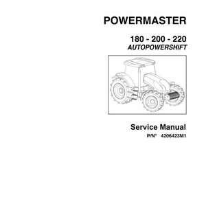 May include: A white page with the word "POWERMASTER" at the top, followed by "180 - 200 - 220 AUTOPOWERSHIFT". Below is a line drawing of a tractor. The text "Service Manual" and "P/N 4206423M1" are also present.