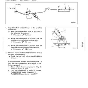 May include: Diagram illustrating the adjustment of a decelerator pedal linkage, with dimensions in millimeters. Includes instructions for adjusting the fuel control linkage, with specifications for distances and speeds. Serial numbers are also listed.