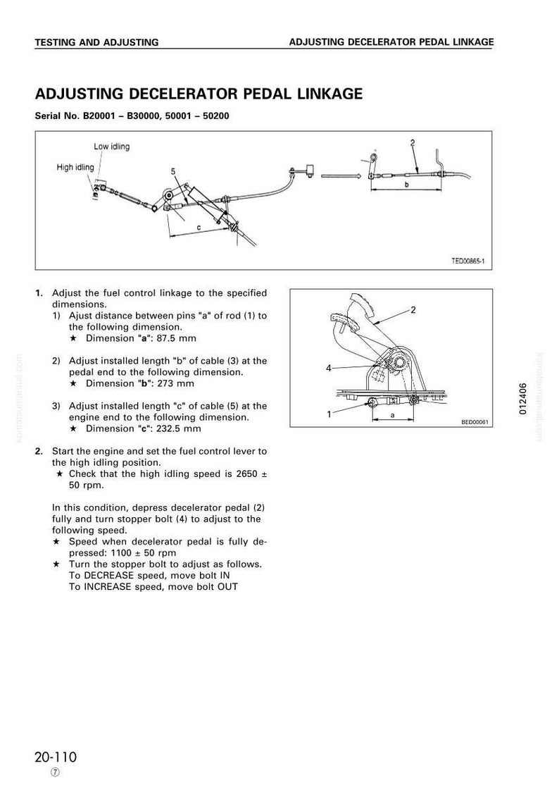 May include: Diagram illustrating the adjustment of a decelerator pedal linkage, with dimensions in millimeters. Includes instructions for adjusting the fuel control linkage, with specifications for distances and speeds. Serial numbers are also listed.