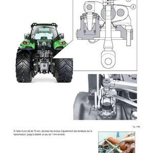 Op de afbeelding: Diagram van een groene tractor met gedetailleerde mechanische illustraties. De afbeelding bevat close-upweergaven en Franse tekst, met metingen in millimeters.