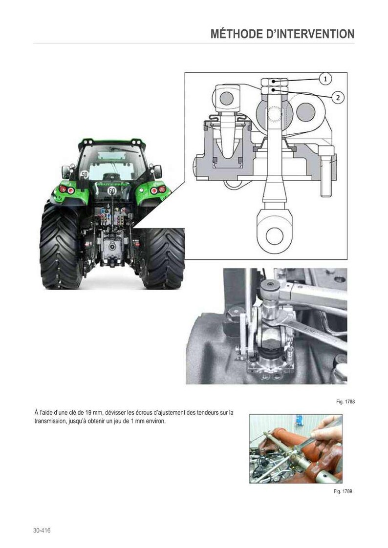 Op de afbeelding: Diagram van een groene tractor met gedetailleerde mechanische illustraties. De afbeelding bevat close-upweergaven en Franse tekst, met metingen in millimeters.