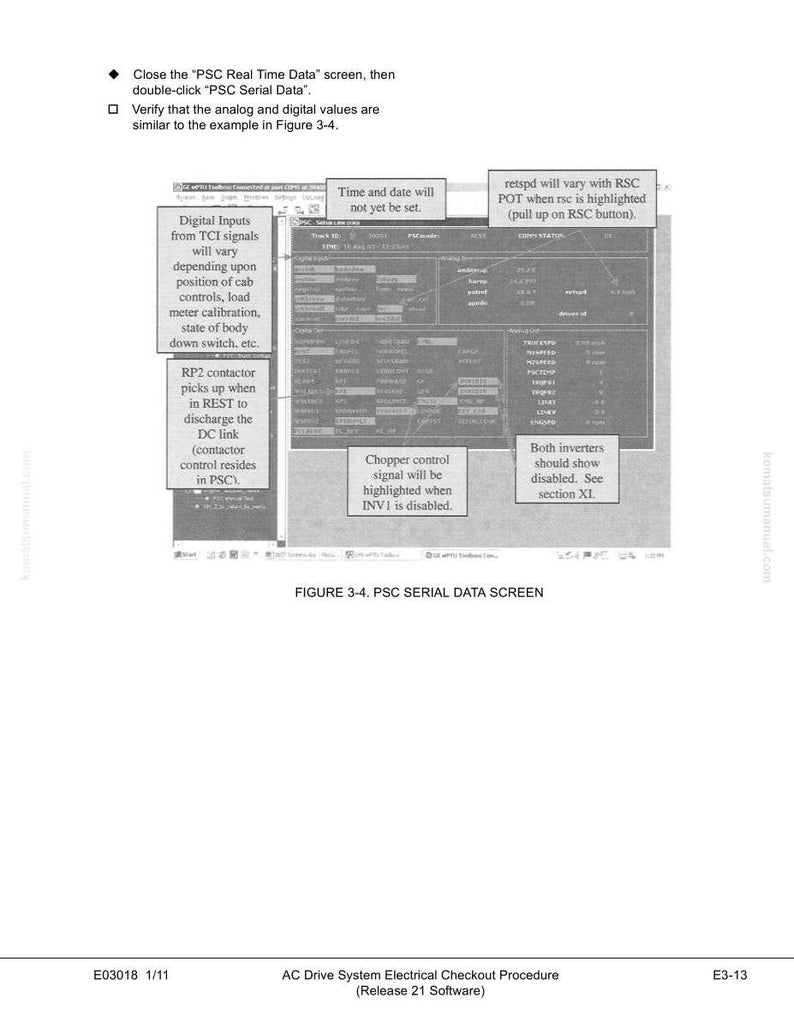 May include: A screenshot of a computer program interface, labeled "PSC Serial Data Screen." The screen displays various data fields and text boxes, with annotations pointing out specific elements. Text includes "Digital Inputs," "Chopper control signal," and "Both inverters should show disabled."