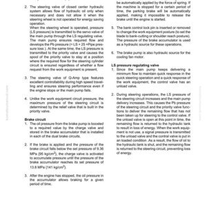 May include: A technical diagram from a Komatsu manual, detailing the hydraulic system. The text explains the steering circuit, brake circuit, and LS pressure regulating valve, with measurements in MPa and kg/cm&sup2;.