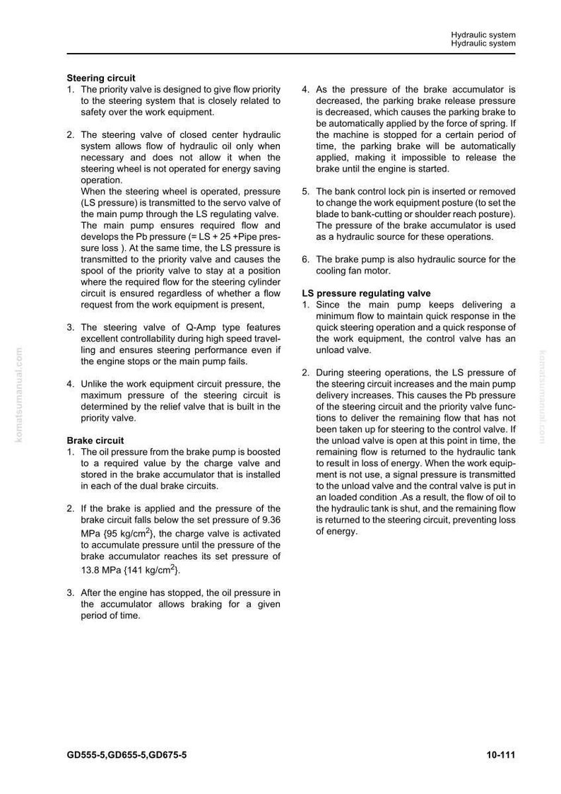 May include: A technical diagram from a Komatsu manual, detailing the hydraulic system. The text explains the steering circuit, brake circuit, and LS pressure regulating valve, with measurements in MPa and kg/cm&sup2;.