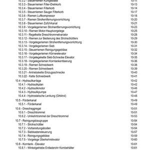 May include: A detailed table of contents from a technical manual, listing various components and systems. The text is in German, covering topics like belts, chains, hydraulics, and electronic settings. The page numbers are listed on the right.