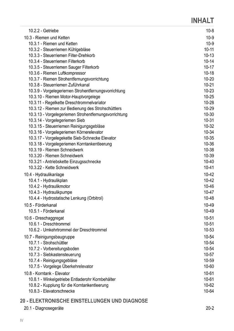 May include: A detailed table of contents from a technical manual, listing various components and systems. The text is in German, covering topics like belts, chains, hydraulics, and electronic settings. The page numbers are listed on the right.