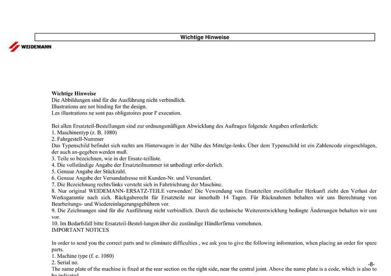 May include: A document with the WEIDEMANN logo and the title "Important Notices." The text provides instructions for ordering spare parts, including machine type, serial number, and part descriptions. The document is in German and English.