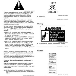 Pode incluir: Uma p&aacute;gina do manual do operador com etiquetas de seguran&ccedil;a e texto. As etiquetas incluem avisos sobre superf&iacute;cies quentes e opera&ccedil;&atilde;o de m&aacute;quinas sem prote&ccedil;&atilde;o. O manual tamb&eacute;m fornece instru&ccedil;&otilde;es sobre como evitar les&otilde;es.