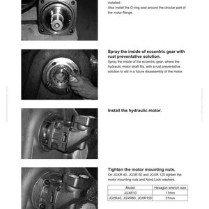 Pu&ograve; includere: Pagina di un manuale che illustra le istruzioni per lo smontaggio e il montaggio del motore. Le istruzioni includono l'installazione di una chiavetta nell'albero motore, la spruzzatura dell'interno dell'ingranaggio eccentrico e il serraggio dei dadi di montaggio del motore. Misure in millimetri.