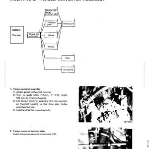 K&ouml;nnte beinhalten: Diagramm zur Montage der Drehmomentwandler-Baugruppe, mit Beschriftungen f&uuml;r Komponenten wie die Entl&uuml;ftungsleitung und die Verkabelung. Enth&auml;lt Anweisungen zum Anbringen der Dichtung und zum Einbau der Schrauben, mit Messungen in mm.