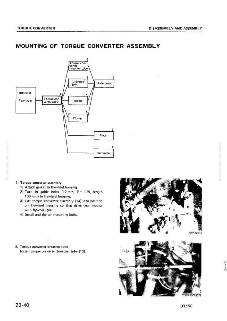 K&ouml;nnte beinhalten: Diagramm zur Montage der Drehmomentwandler-Baugruppe, mit Beschriftungen f&uuml;r Komponenten wie die Entl&uuml;ftungsleitung und die Verkabelung. Enth&auml;lt Anweisungen zum Anbringen der Dichtung und zum Einbau der Schrauben, mit Messungen in mm.