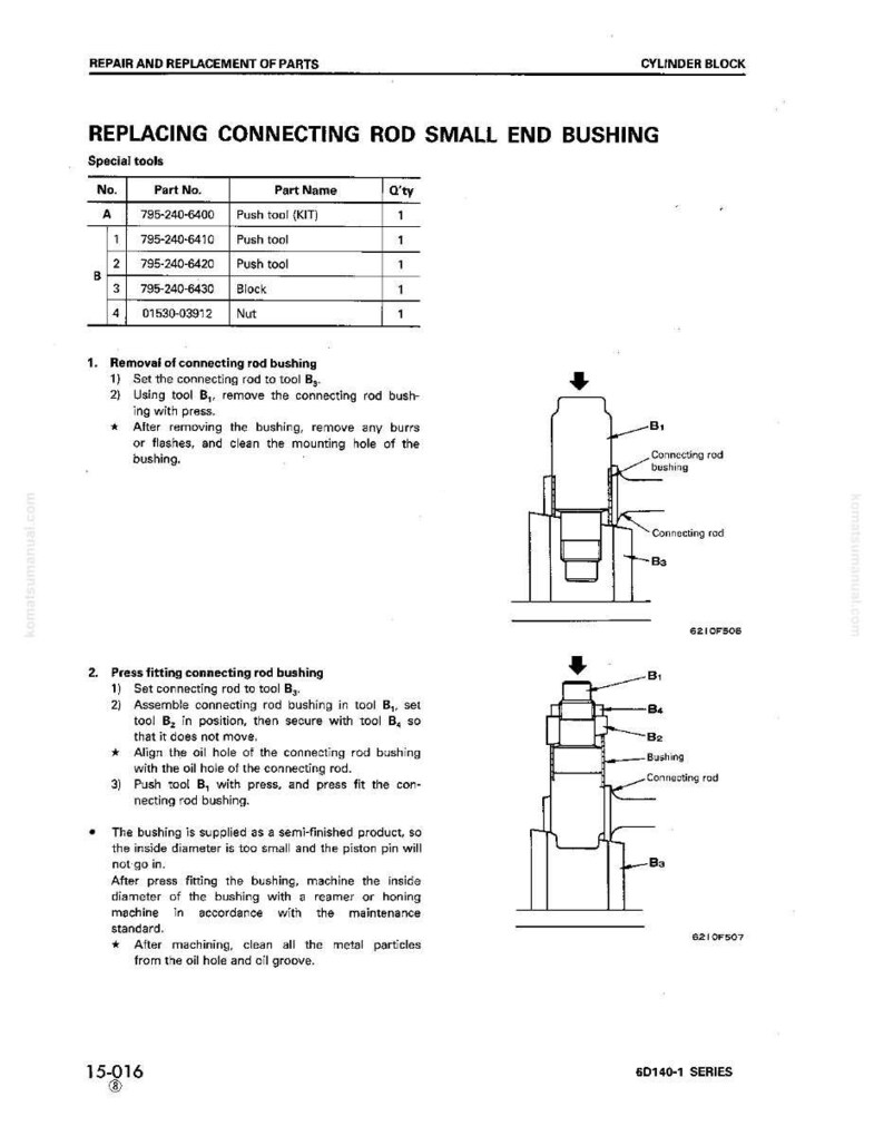 Op de afbeelding: Technische tekening voor het vervangen van een drijfstang kleine eindbus. Het diagram bevat een onderdelenlijst met onderdeelnummers en hoeveelheden, samen met stapsgewijze instructies en illustraties voor het reparatieproces.