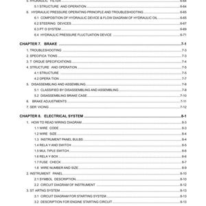 May include: A detailed table of contents from a manual, with headings and subheadings in black text on a white background. Sections include hydraulic pump, brake, and electrical system topics.