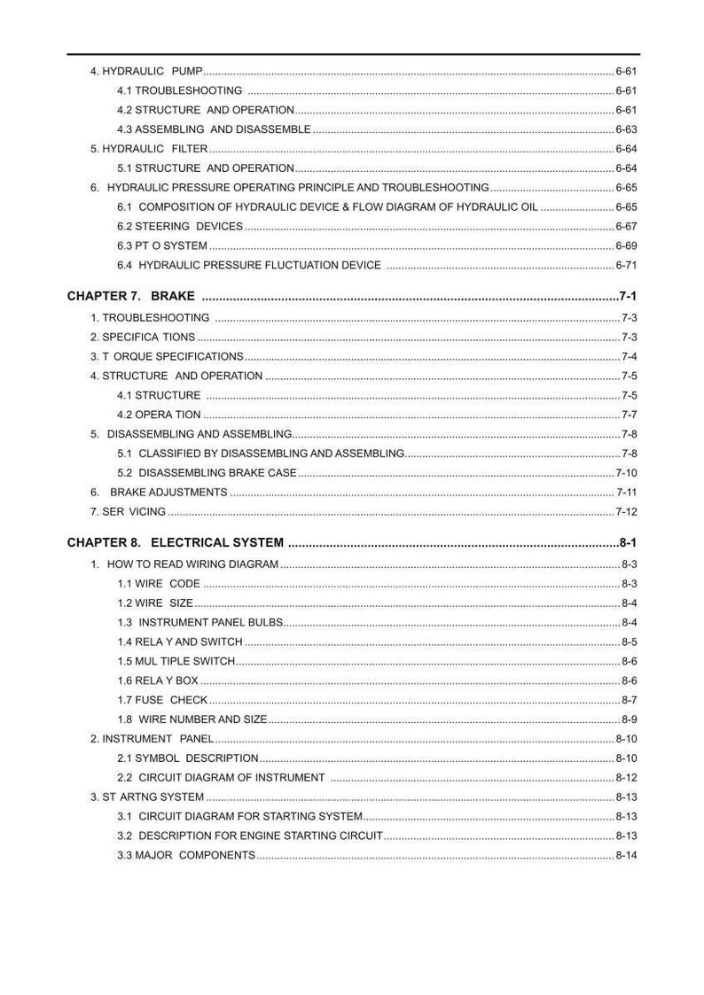 May include: A detailed table of contents from a manual, with headings and subheadings in black text on a white background. Sections include hydraulic pump, brake, and electrical system topics.