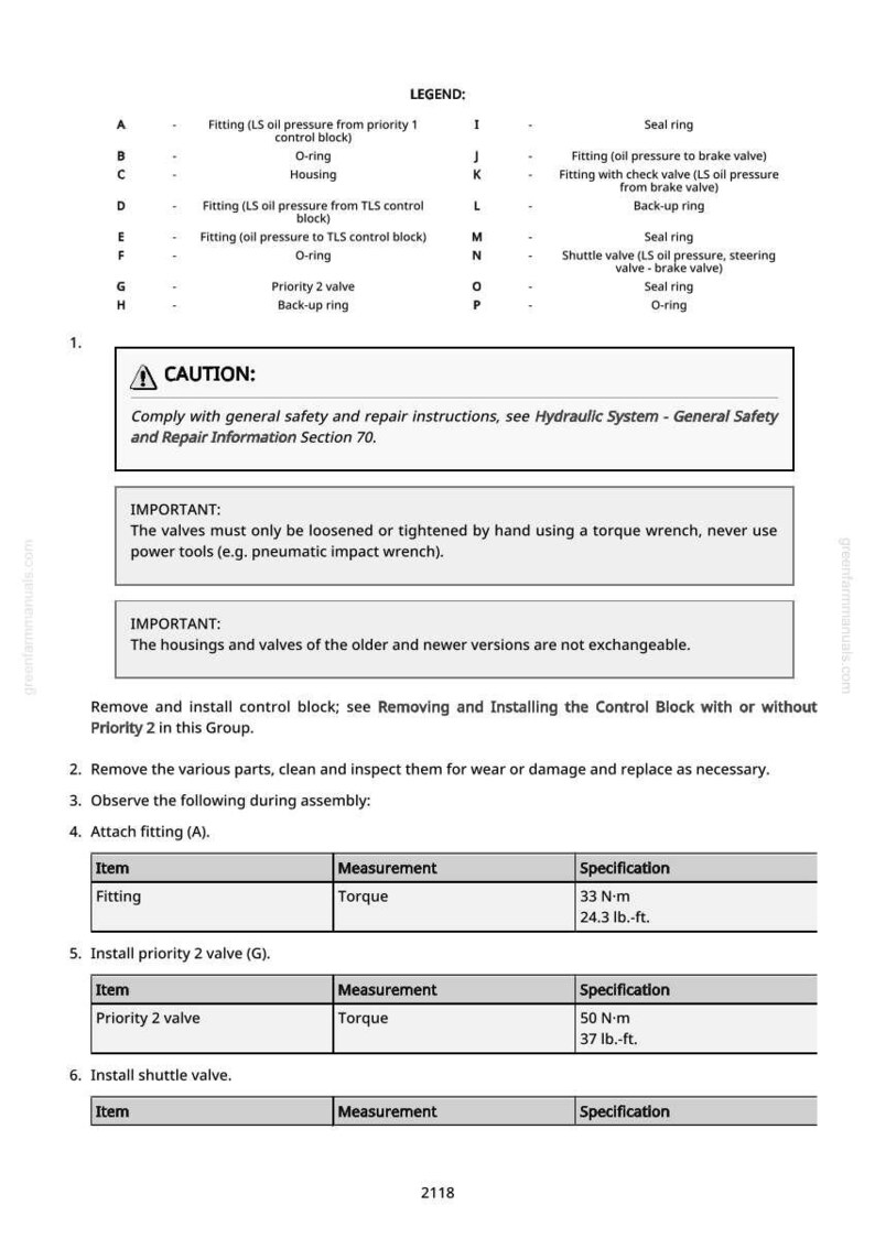 May include: Diagram of hydraulic system components with labels and specifications. Includes a legend with part descriptions, such as fittings, O-rings, and valves. Text provides safety instructions and torque specifications in lb.-ft. and N-m.