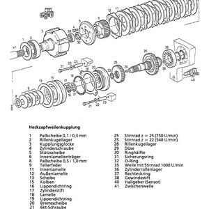 May include: A detailed technical diagram of a mechanical assembly, possibly for agricultural machinery, with numerous components labelled. The image is in black and white, showing gears, shafts, and various parts.