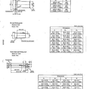 May include: Diagram of special tools with dimensions in inches and millimeters. Includes oil seal fitting tools and valve stem seal fitting tools. The tools are made of steel and have various measurements.