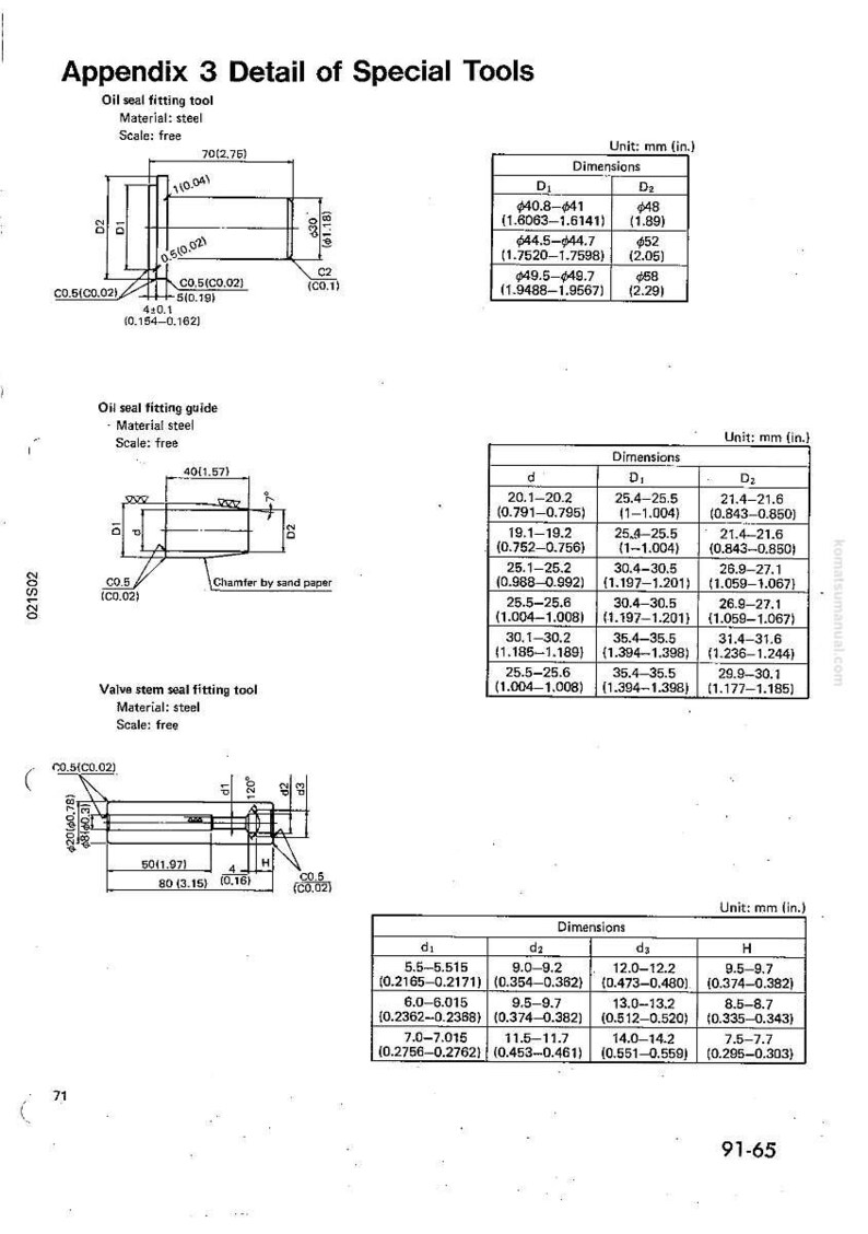 May include: Diagram of special tools with dimensions in inches and millimeters. Includes oil seal fitting tools and valve stem seal fitting tools. The tools are made of steel and have various measurements.