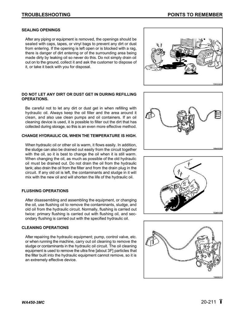 K&ouml;nnte beinhalten: Eine Seite aus einem Handbuch mit Anweisungen zur Fehlerbehebung. Abschnitte behandeln das Abdichten von &Ouml;ffnungen, das Nachf&uuml;llen, den &Ouml;lwechsel, das Sp&uuml;len und die Reinigung. Diagramme veranschaulichen die einzelnen Schritte.