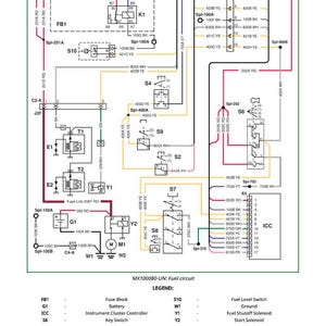 May include: Schematic diagram of a fuel circuit, featuring a network of lines, boxes, and labels. The diagram includes text such as "Fuse Block", "Battery", and "Fuel Level Switch".
