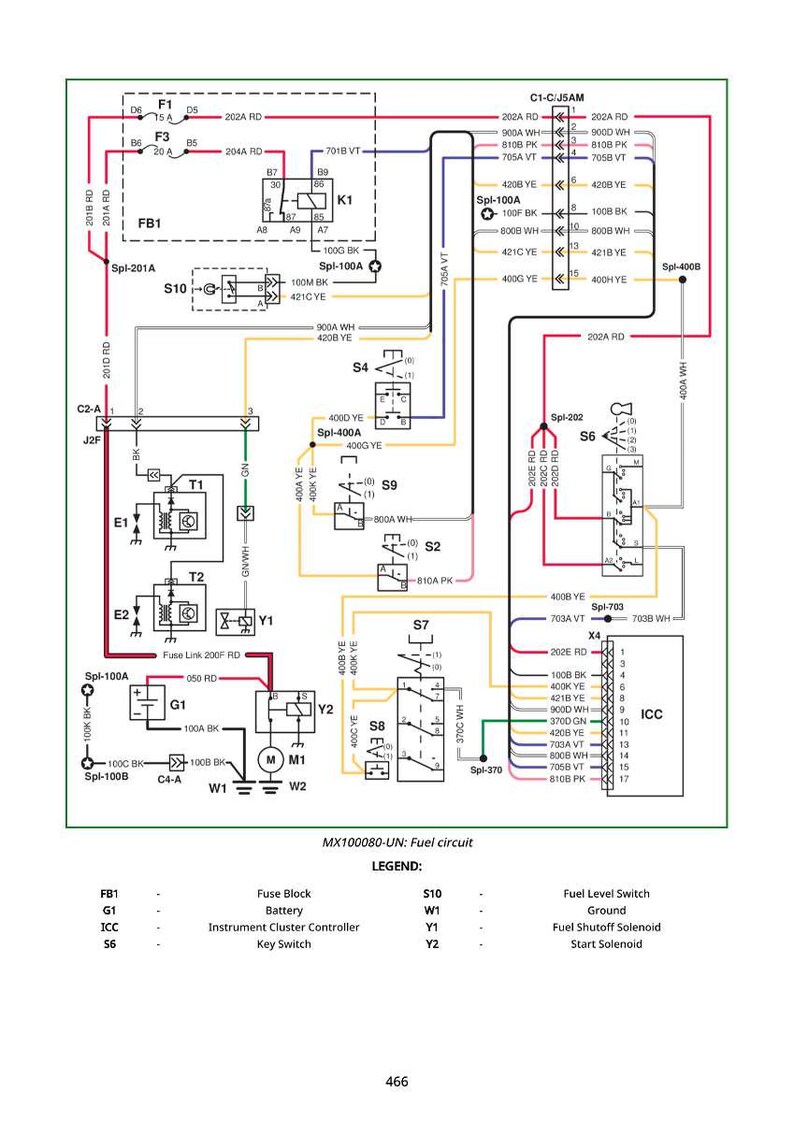 May include: Schematic diagram of a fuel circuit, featuring a network of lines, boxes, and labels. The diagram includes text such as "Fuse Block", "Battery", and "Fuel Level Switch".