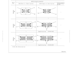 Op de afbeelding: Diagram van DRC12- en DRC16-serieconnectoren, met mannelijke en vrouwelijke pinbehuizingen. De afbeelding bevat pin-diagrammen, onderdeelnummers en een probleemoplossingssectie. De connectoren worden gebruikt in elektrische systemen.
