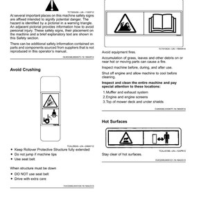 Pu&ograve; includere: Una pagina di etichette di sicurezza con simboli di avvertimento e istruzioni. Le etichette riguardano argomenti come l'evitare incendi alle apparecchiature, i rischi di schiacciamento e le superfici calde. Il testo include "Segnali di sicurezza pittorici" e "Evitare incendi alle apparecchiature."