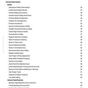 May include: A page from a manual titled "Table of Contents" with a list of safety and general information topics. The text is black on a white background, with page numbers on the right.
