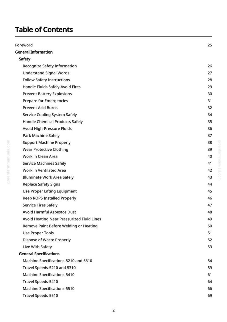 May include: A page from a manual titled "Table of Contents" with a list of safety and general information topics. The text is black on a white background, with page numbers on the right.