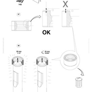 May include: Technical diagram showing mechanical components. Includes a cylindrical part with measurements of 29 mm (1.14 inches) and 25 mm (0.944 inches). Also shows a rectangular piece, a small trash can, and the word "OK".